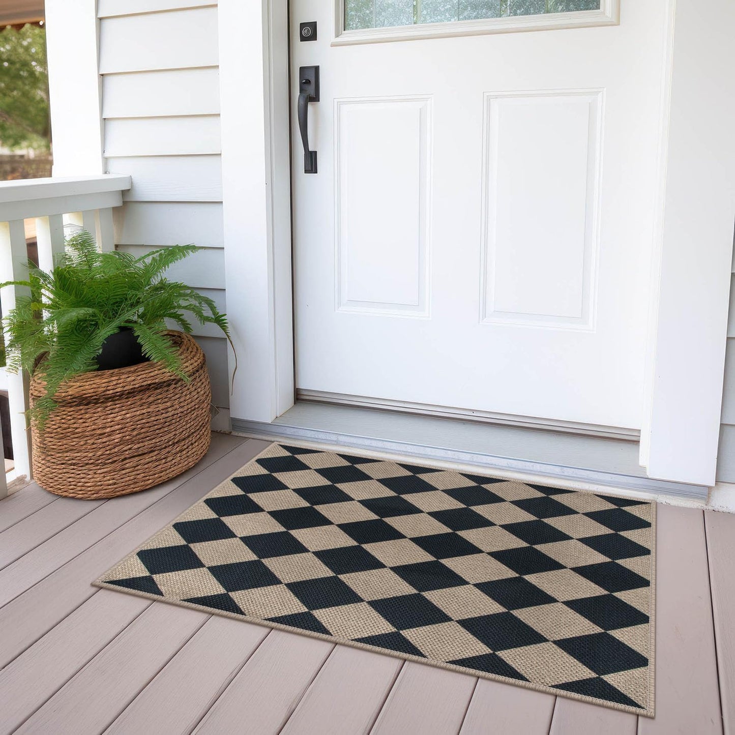 Rugalia Easy Jute Checkered Entryway Rug, 2x3 Black Modern Indoor Outdoor Doormat, Washable Non-Slip Neutral Small Kitchen Rug Farmhouse Diamond Throw Rugs for Entrance Bedroom Bathroom
