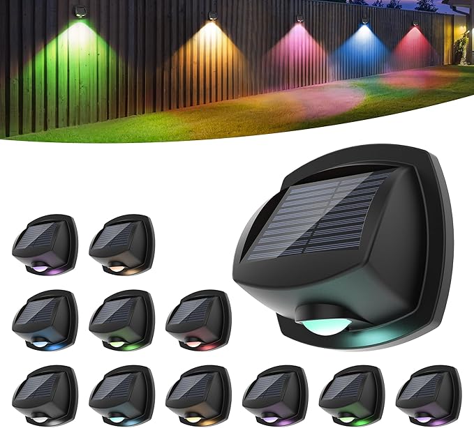 SOLPEX Solar Lights Outdoor Waterproof IP65, Solar Stair Lights Outdoor for Fence, Deck, Step, RGB Multicolor LED 11 Lighting Modes House Wall Light for Porch, Backyard, Fence, Garden Decor-12 Pack