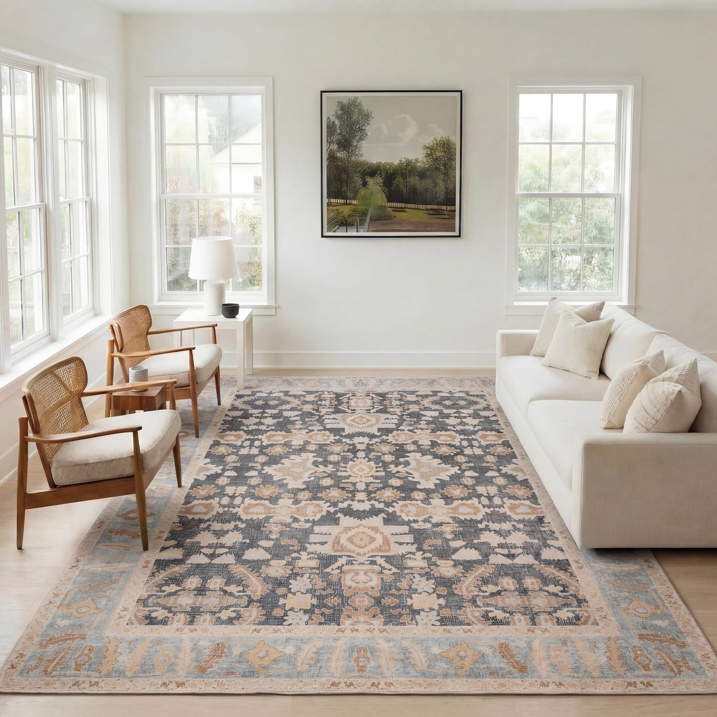 Kuden 8x10 Large Area Rug, Machine Washable Area Rug with Non-Slip Backing, Vintage Style, Soft, Easy Clean, Low Pile Rug for Living Room, Bedroom, Dining Room