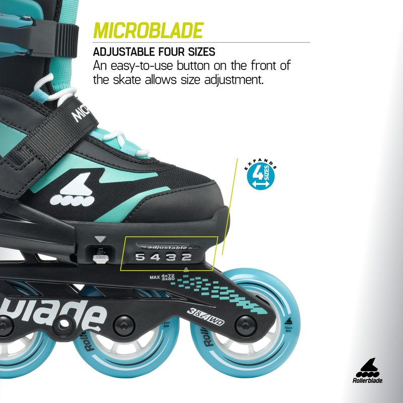 Rollerblade Microblade Kids Adjustable Fitness Inline Skate, Black/Light Blue,Junior, Youth Performance Inline Skates