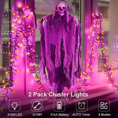 BSGlobal Purple Orange Halloween String Lights Battery, Total 20Ft 400 LED Cluster String Lights with Timer 8 Modes Firecracker Lights Outdoor Waterproof for Tree Home Decor