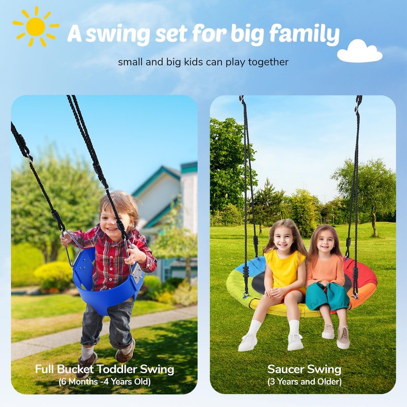 Trekassy Swing Sets for Backyard, 440lbs Heavy Duty A-Frame Metal Swing Stand with 1 Saucer Swing and 1 Toddler Swing Outdoor Kids Play Equipment for Playground Playset (Patented)