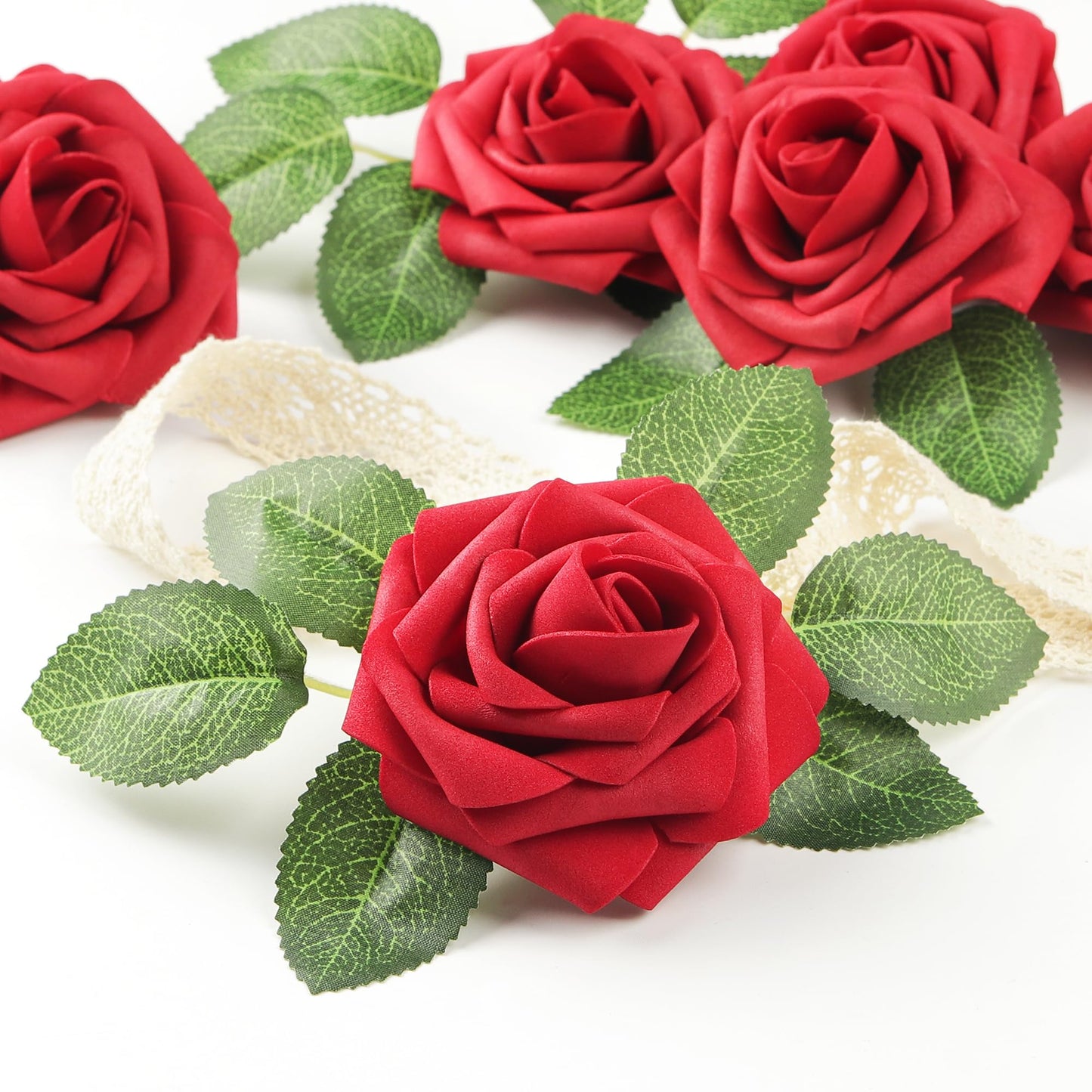 Mocoosy 50Pcs Red Roses Artificial Flowers, Artificial Rose Real Touch Foam Fake Roses Bulk with Stem,Lifelike Rose DIY Craft Flower for Wedding Bridal Bouquet Centerpiece Arrangement Party Home Decor