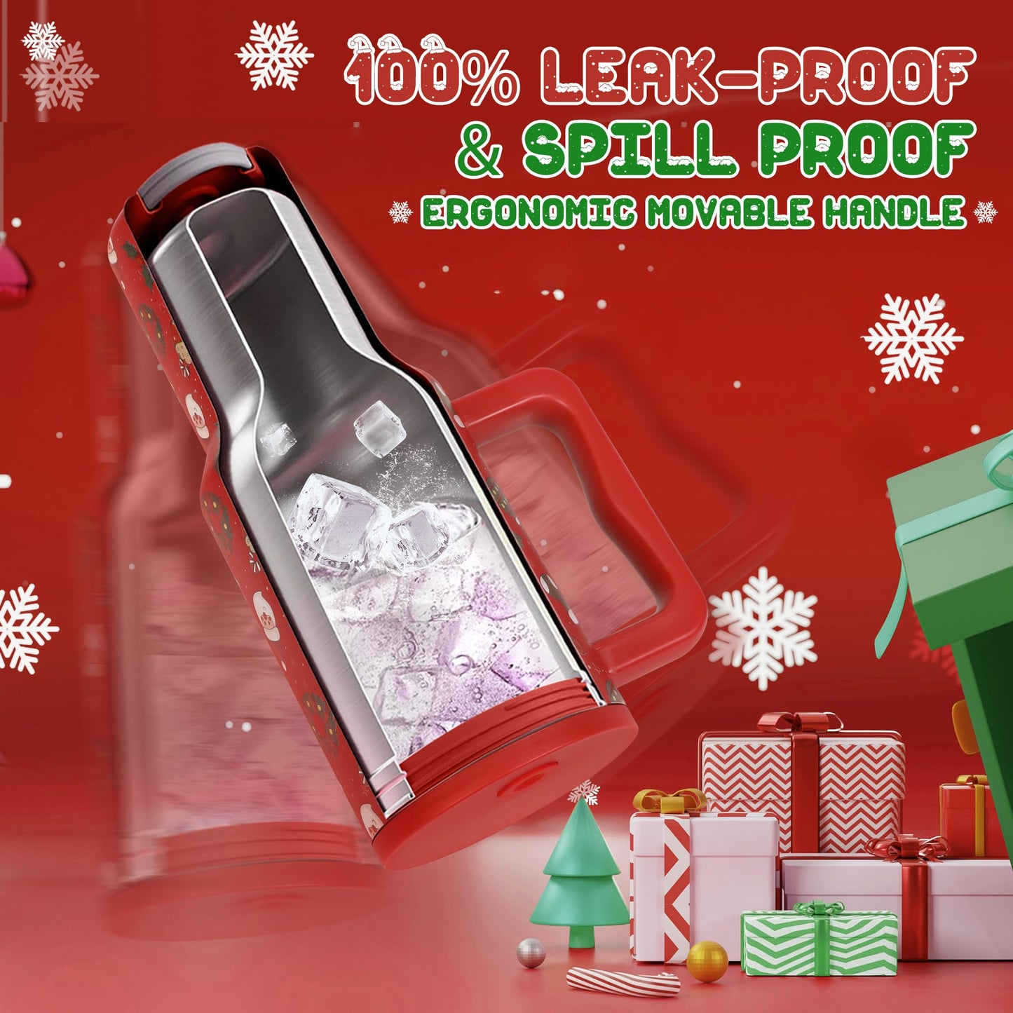 40 oz Christmas Insulated Tumbler with Handle and lid, Vacuum Triple Walled Stainless Steel Travel Mug, Fits for car Cup Holder, Leak Proof, Keep Beverages Cold for 34 Hours (Red Christmas Stars)