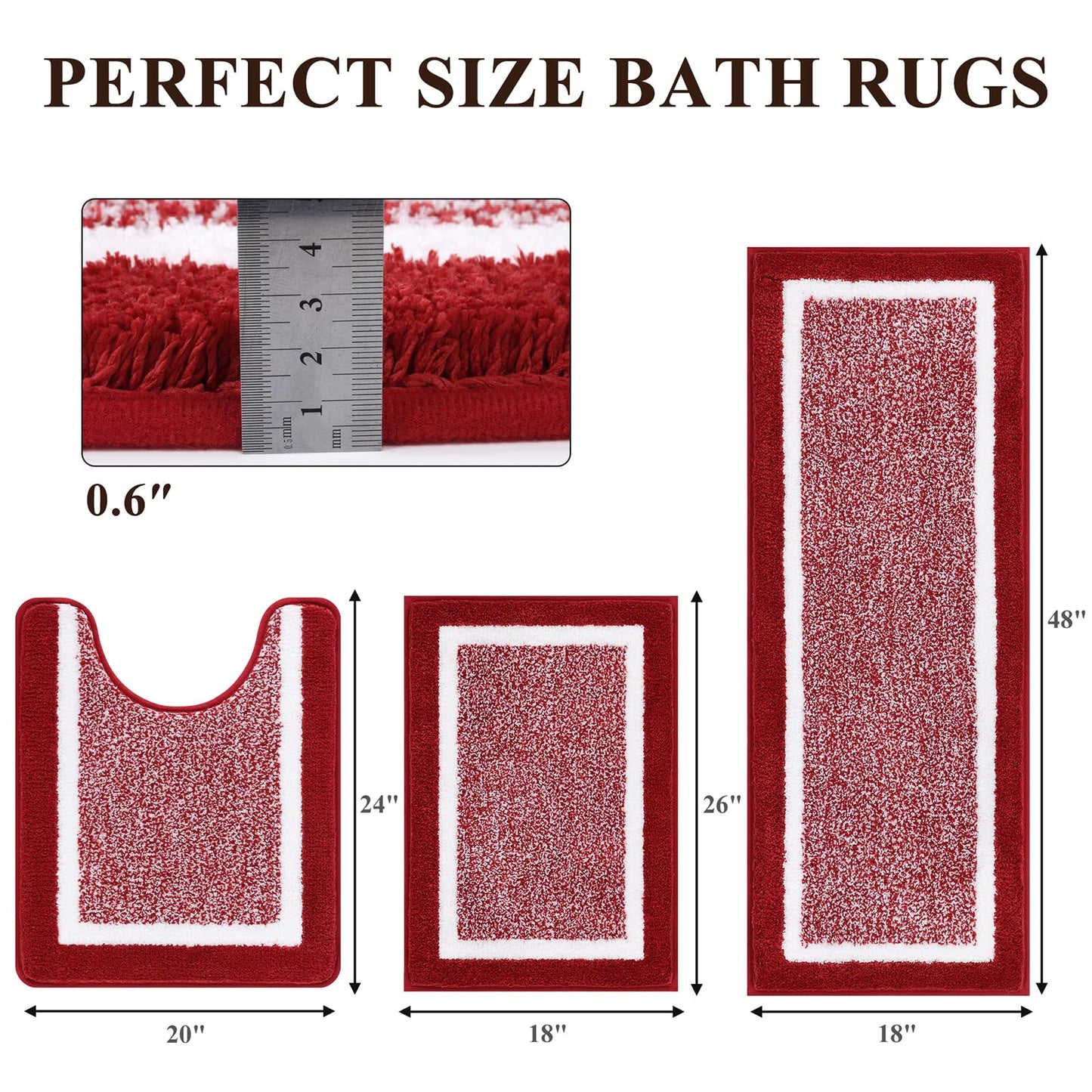 Pauwer 3 Piece Bath Mat Set Bathroom Rugs, Non Slip Plush Bathroom Mats, Absorbent Shaggy Bath Rug Set with U-Shaped Contour Toilet Mat for Bathroom Bedroom Living Room, Red