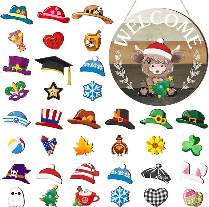 35 Pcs Christmas Interchangeable Highland Cow Welcome Sign Highland Cow Seasonal Wooden Hanging Door Decor Thanksgiving Farmhouse Hanging Sign for Front Door Xmas Party Decoration Gift(Light Brown)