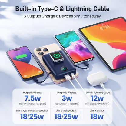 Magnetic Portable Charger for iPhone with Built-in Cables, 6-in-1 10800mAh Power Bank with iWatch Charger & LCD Display,25W PD Fast Charging Battery Pack for Magsafe,iPhone 16/15/14/13/12,Apple Watch