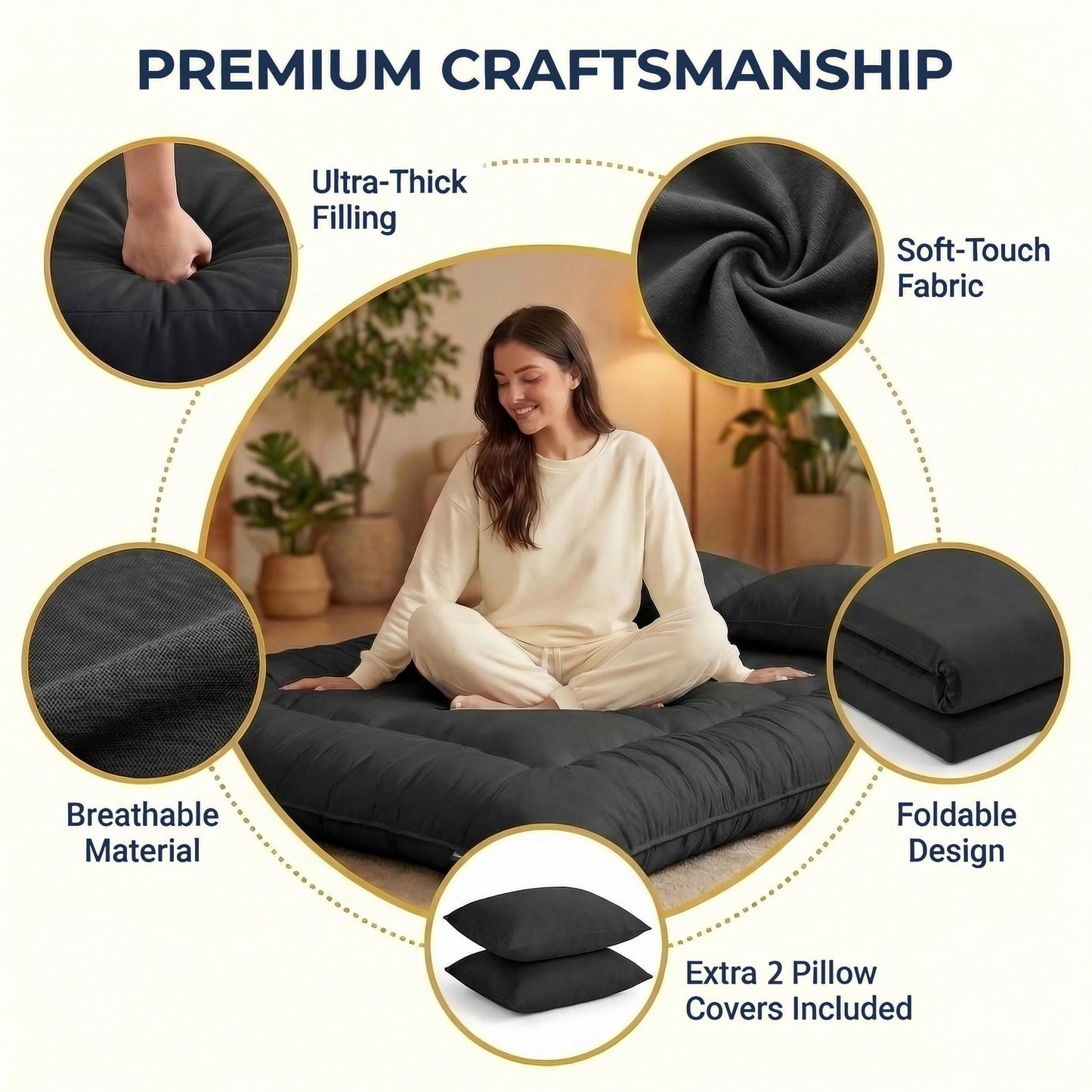 Cosovia Japanese Floor Mattress Futon Mattress, 3.5 Inch Thick Foldable Roll Up Tatami Mat with 2 Pillow Covers, Full Size Floor Bed for Guest Room Dorm Camping Kids, Black