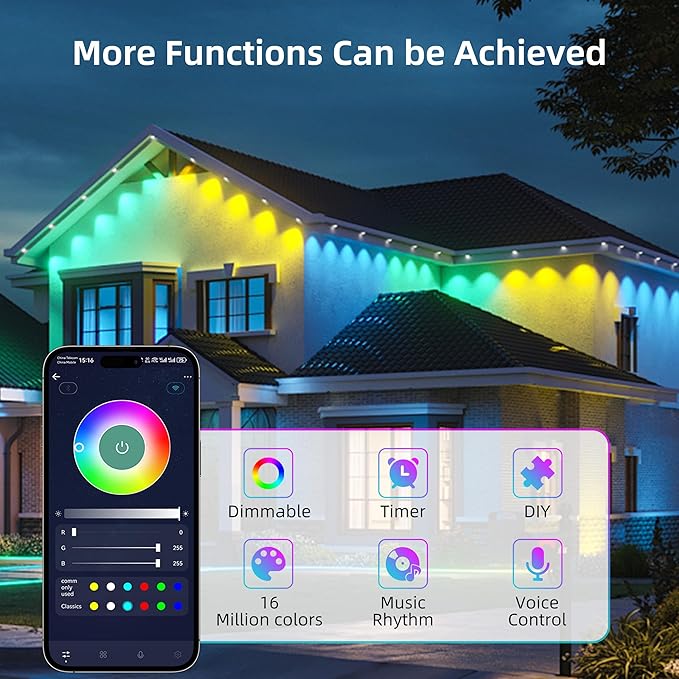 Smart RGB&IC Permanent Outdoor Lights, 50ft with 30 LED Eaves Light, Daily and Accent Lighting, 212 Scene Modes, Alexa & Google Assistant Compatible, Daily Party Halloween Christmas House Decor