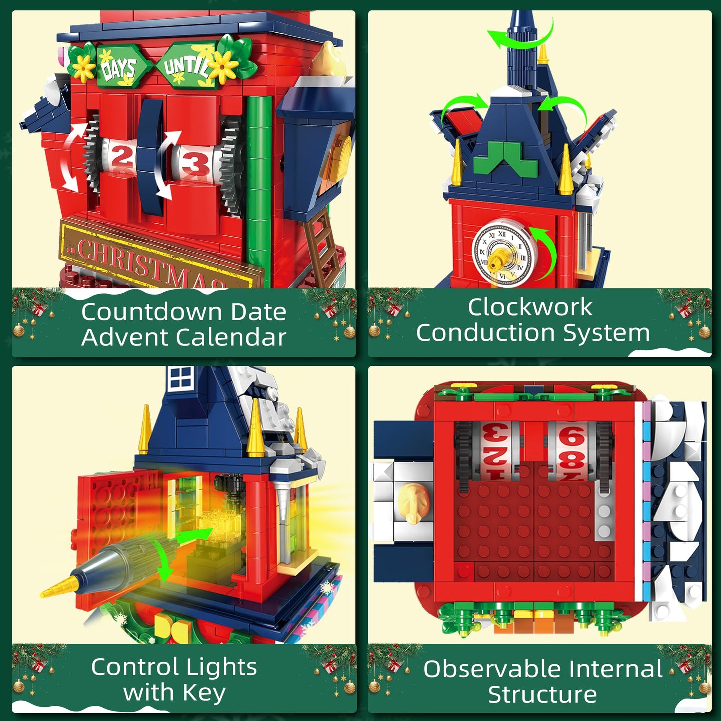 Christmas Countdown Tower House Building Toys - LED Light Christmas Village House Building Set with Countdown Clock, Festival Model Gift Idea for Kids 6+