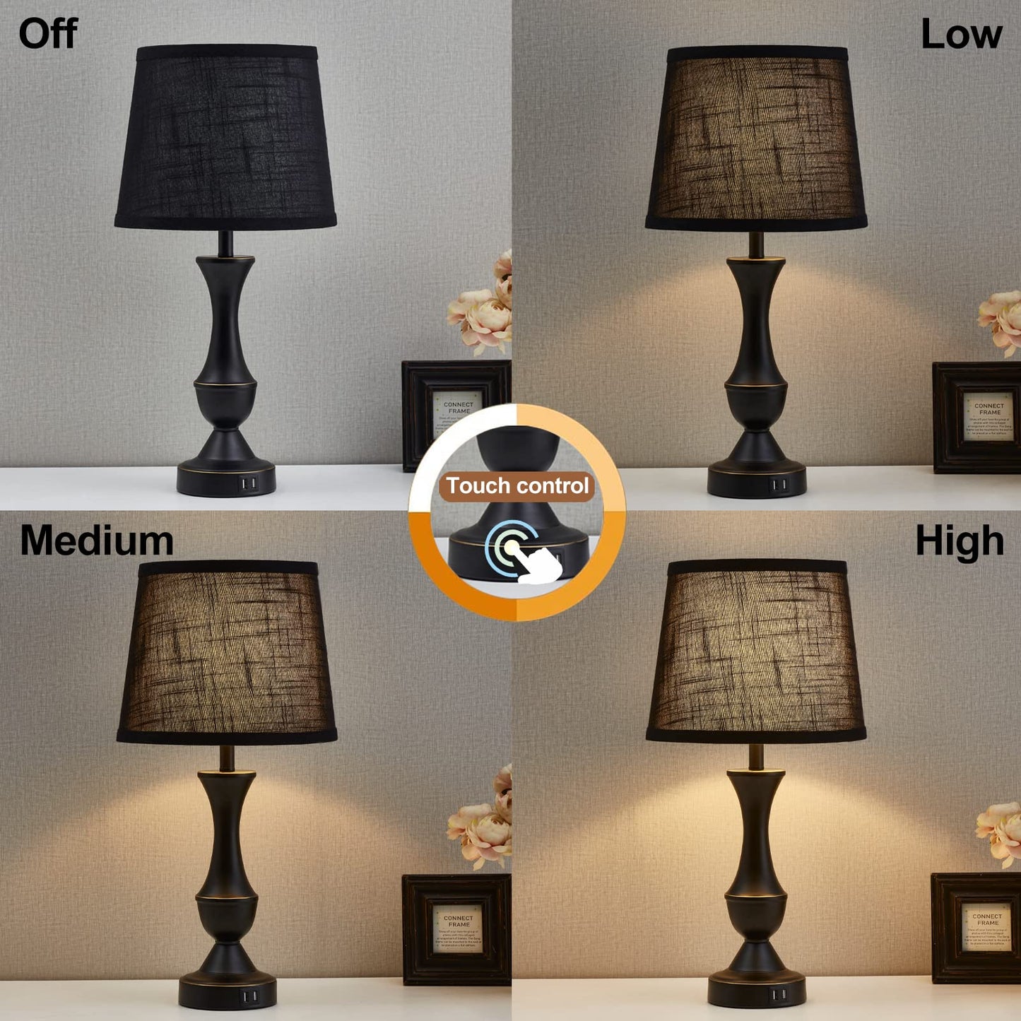 Luvkczc Black Touch Table Lamps Set of 2, 22" Tall Bedside Lamps with USB C+A Charging Ports, Nightstand Lamps for for Bedroom, Living Room, Office, with Black Lampshade, LED Bulb Included