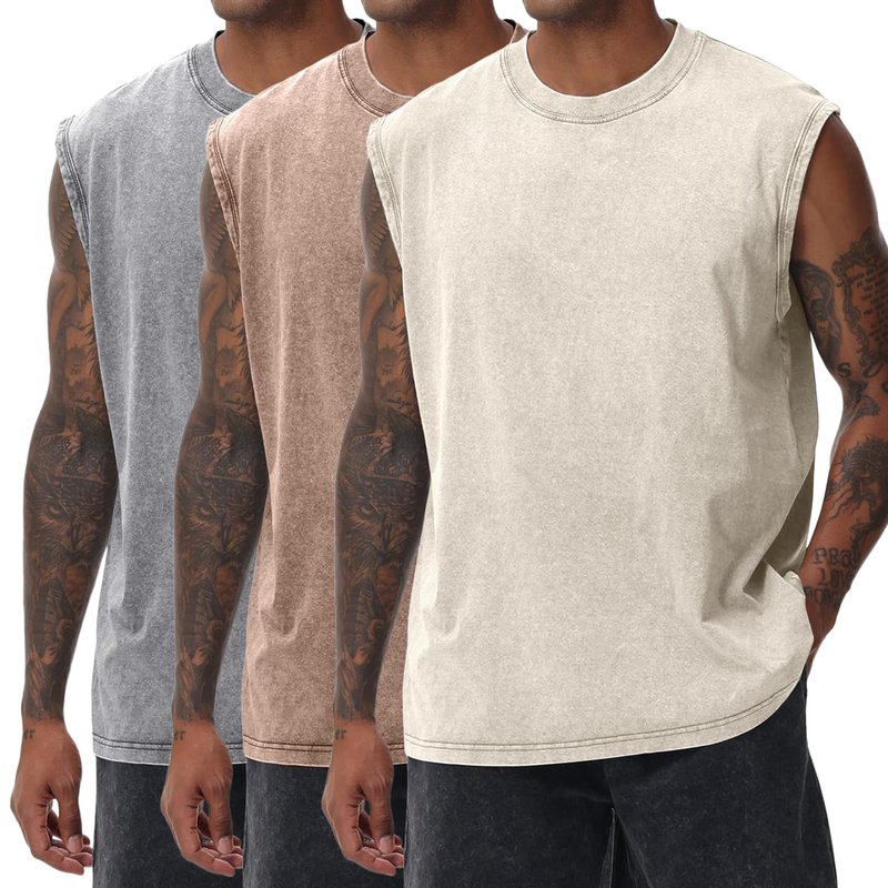 Yimoon Mens Tank Tops Workout Sleeveless Shirts Cotton Acid Wash Tees Loose Gym Muscle Shirts(GreyKhakiBeige-L)