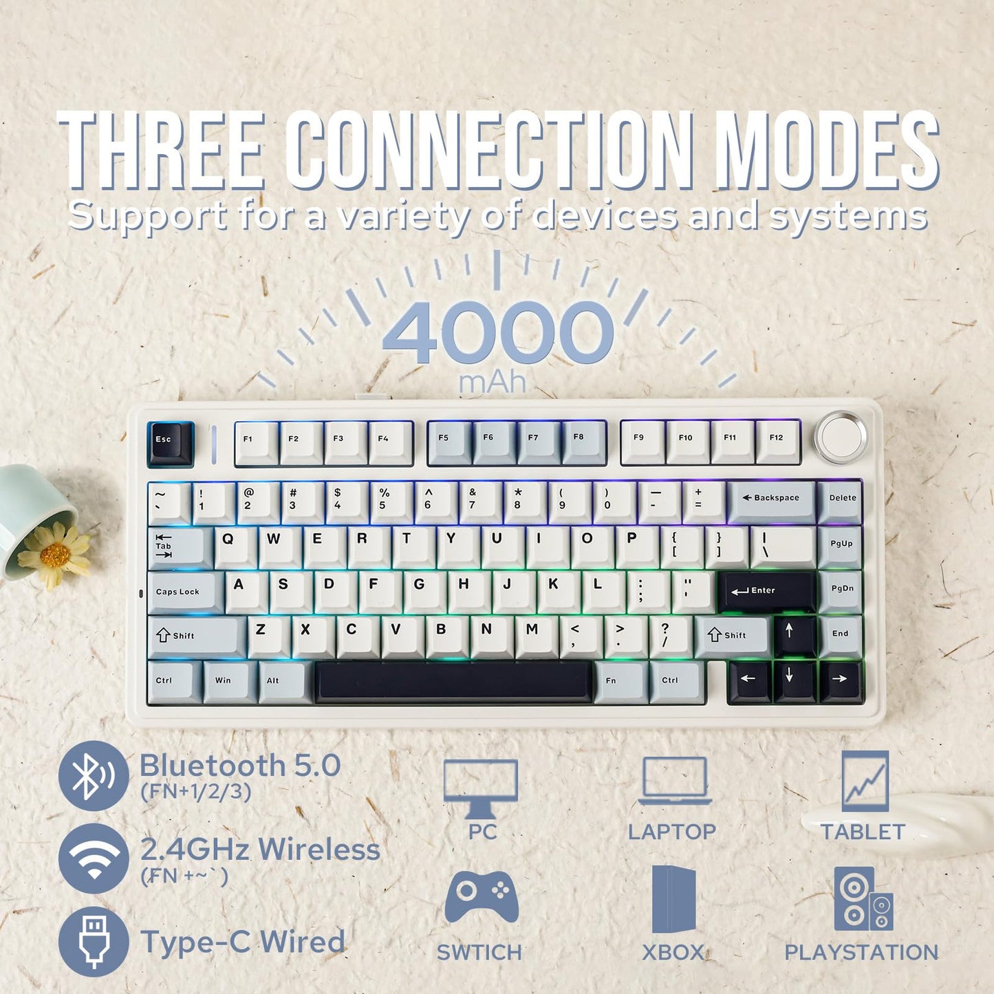 EPOMAKER AULA F75 Wireless Mechanical Gaming Keyboard, 75% Layout with Knob, Creamy Gasekt-Mount with Sound-Dampening, RGB, Hot-Swap, Bluetooth/2.4Ghz (Light Blue, Ice Vein Switch)