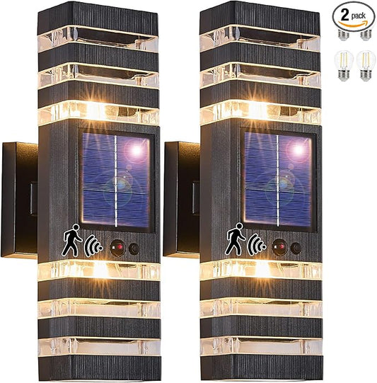 2 Pack Solar Outdoor Wall Lights with Motion Sensor 3-Mode Motion Outdoor Sconces 3000K 500LM Dusk to Dawn Solar Porch Light Fixtures Modern Up Down Exterior Wall Lamp for House Garage Front Door