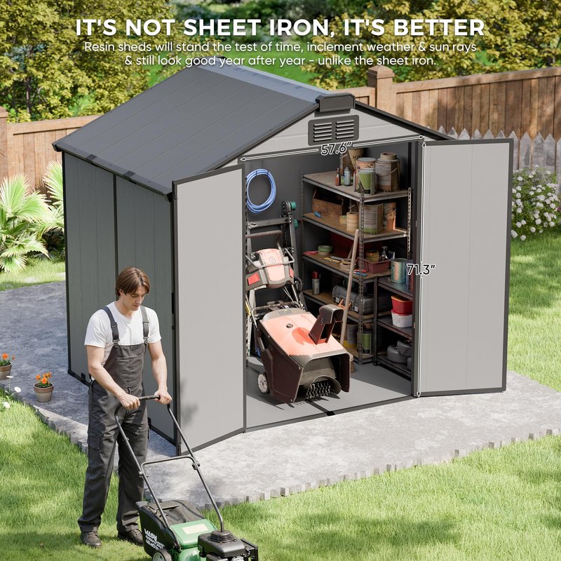 CDCASA 8x6x7 FT Resin Shed with Floor Included, Steel‑Reinforced Large Waterproof Outdoor Storage Sheds with Base & Lockable Door & Window & Vents, Outside Plastic Tool for Outside Patio Backyard