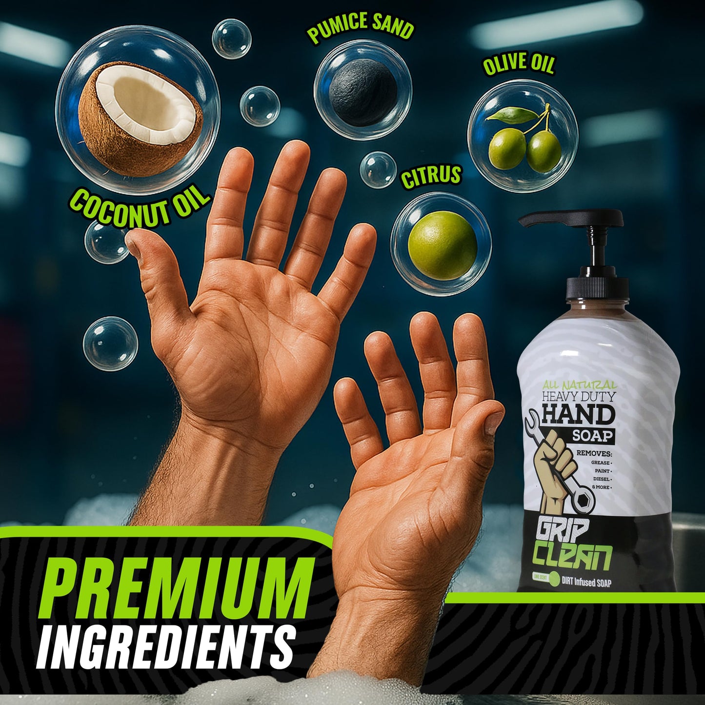 Grip Clean - Hand Cleaner for Mechanics – Heavy-Duty Mechanic Soap, Liquid Hand Soap with Natural Pumice & Clay to Absorb Tough Grease, Oil & Dirt – Moisturizing Coconut Oil, Lime Scent (8oz)