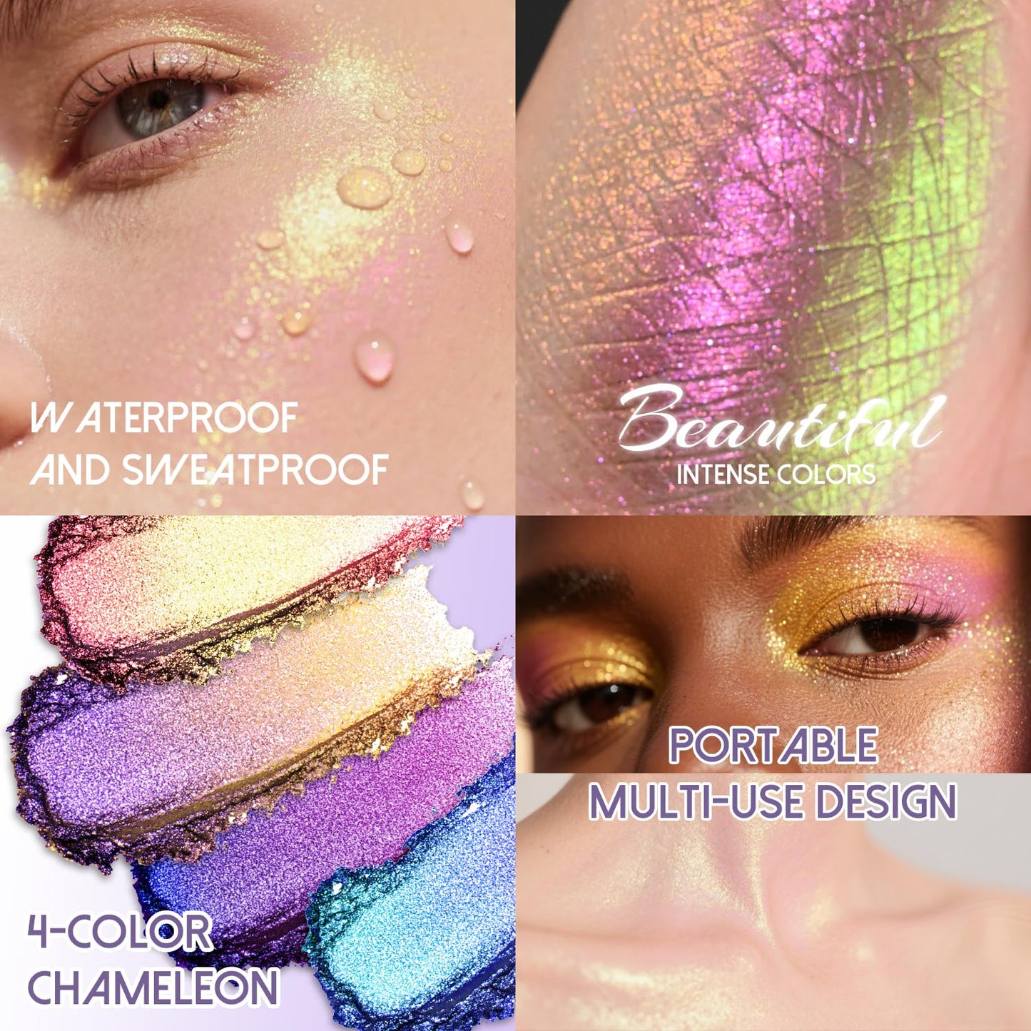CHARMACY 4 Colors Chameleon Eyeshadow & Highlighter Palette - Shift-Infused Multichrome Pressed Pigments, Long-Lasting Velvet Finish, Vegan & Cruelty-Free Makeup Kit #01