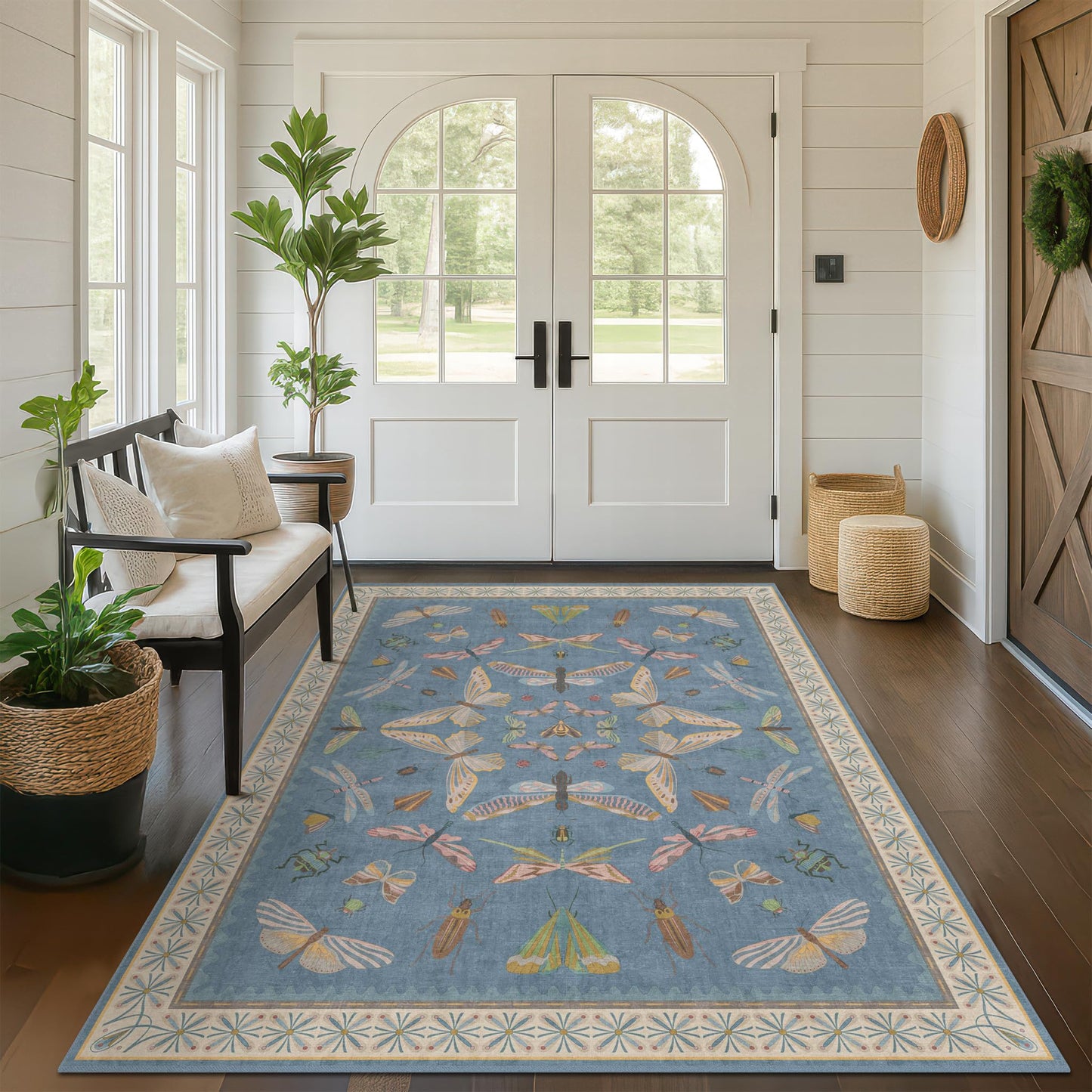 Blue Washable Kids Playroom Rug - 5x7 Area Rugs for Nursery Baby Boy, Bedroom, Living Room, Toddler Boy Room Decor, Cute Animals Print Carpet, Super Soft Non Slip Stain Resistant
