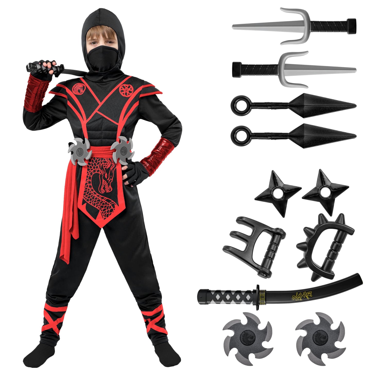 Spooktacular Creations Halloween Ninja Costume Kids, Black Red Ninja Dragon Jumpsuit Set, Boys Halloween Costume for DressUp and RolePlay Party (Medium, 8-10 yrs)
