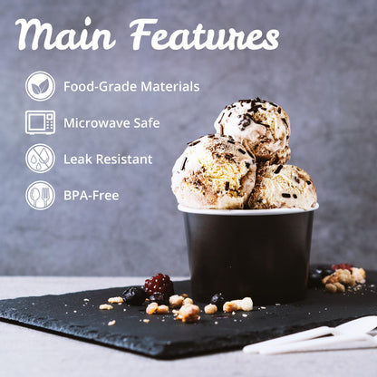 MATICAN Paper Ice Cream Cups - 100-Count 11-Oz Disposable Dessert Bowls for Hot or Cold Food, 11-Ounce Party Supplies Treat Cups for Sundae, Frozen Yogurt, Soup, Black