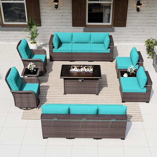 ALAULM 13 Pieces Patio Furniture Set with 2 Swivel Chairs Patio Furniture Outdoor Sectional Sofas with 55000 Gas Fire Pit Patio Conversation Set w/10 Cushions-Blue
