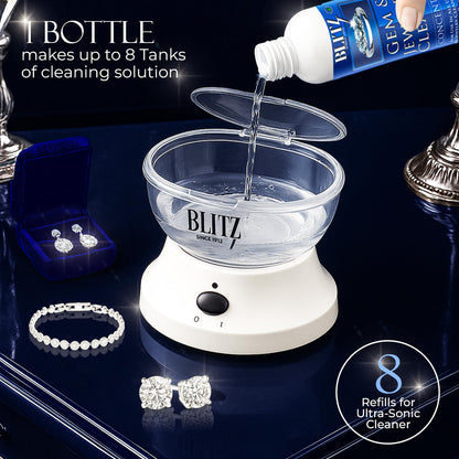 Blitz Gem & Jewelry Cleaner Liquid Concentrate for Gold, Silver, & Platinum Jewelry Cleans Non-Porous, Precious & Semi-Precious Stones. Non-Toxic, Non-Abrasive, & Planet Friendly Made in USA 8oz