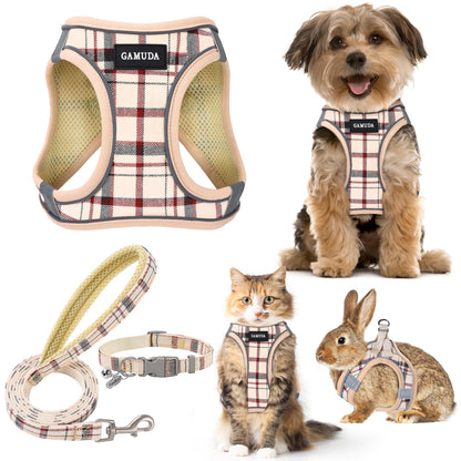 GAMUDA Small Dog Harness Collar and Leash Set, Step in No Chock No Pull Soft Mesh Adjustable Dog Vest Harnesses Plaid Reflective for Dogs Puppy Cats Kitten Rabbit (Beige, XXS)