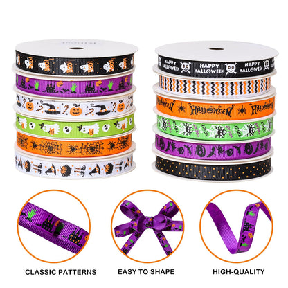 Ribest Halloween Ribbon Grosgrain 3/8 Inch Thin Ribbons for Crafts Gift Wrapping Decor 12 Rolls Total 60 Yards