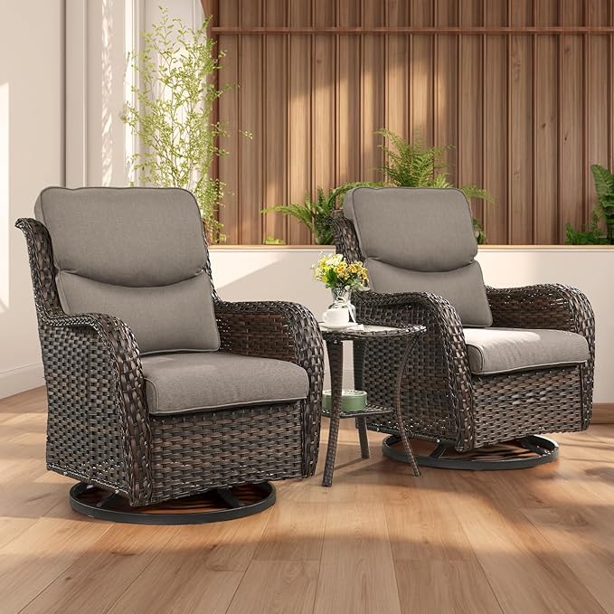 Rilyson Wicker Rocking Chair Swivel Chairs - 3 Piece Rocker Patio Furniture Set Rattan Rocking Bistro Sets with Glass Top Side Table for Outdoor Porch Deck Garden Backyard (Brown/Grey/Smile)