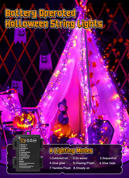 Brightown Battery Operated Halloween Lights Outdoor, 10FT 120 LED Orange and Purple Halloween Cluster Lights with Timer, 8 Modes Waterproof Twinkle Fairy String Lights for Indoor Decorations