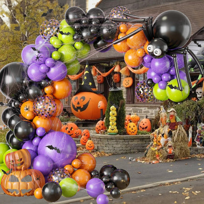 Halloween Balloon Garland Arch Kit with Big Spider DIY Balloons, 131 Pcs Black Orange Lime Green Purple Confetti Latex Balloons Arch with 3D Bats & Spider Web for Halloween Party Decorations Supplies