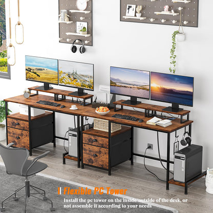 Furologee 47" Computer Desk with File Cabinet and Power Outlets, Home Office Desk with 2 Monitor Stands and Storage Drawer, Writing Gaming Table with Shelves and 2 Hooks for Bedroom, Rustic Brown