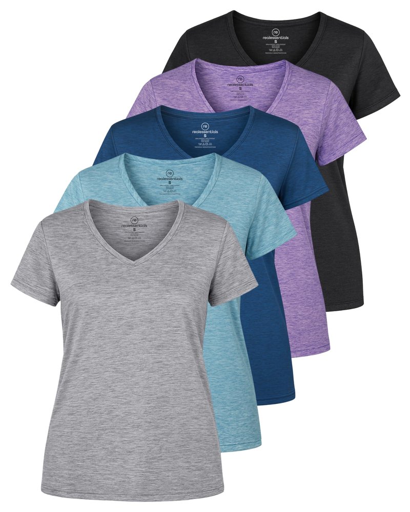 Real Essentials 5 Pack: Women's Dry-Fit Short Sleeve V Neck T Shirt Workout Fitness Yoga Top Tee, Set 1, S