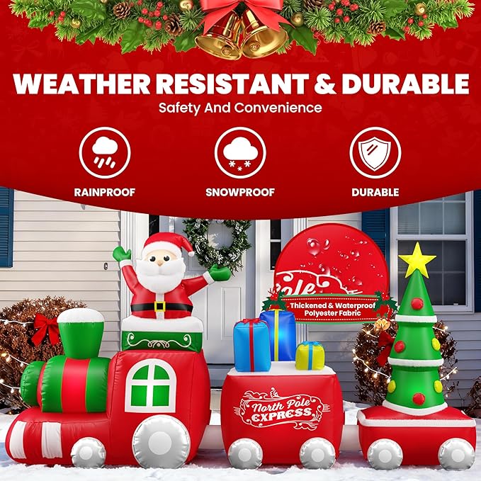 11 FT Deluxe Christmas Inflatables Train with Santa Claus, Gift Box, Christmas Tress, Built-in LED Lights, Blow Up Lovely Train Carriage for Christmas Party Holiday, Outdoor Garden Lawn Yard Decor