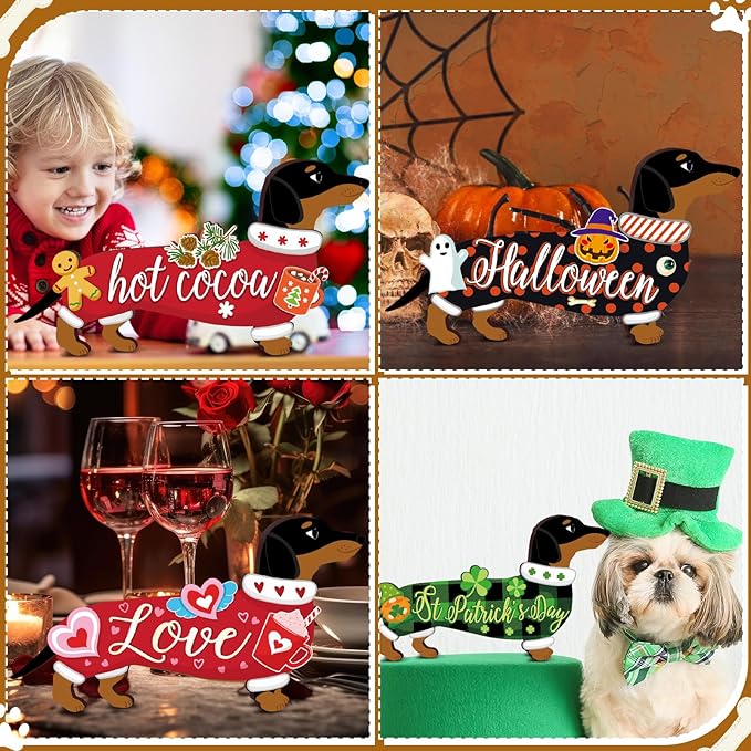 Barydat 16 Pcs Seasonal Dachshund Dog Welcome Sign Lovely Interchangeable Front Door Decoration, Wooden Rustic Holiday Door Wall Decor for Independence Day Summer Fourth of July Decoration(Dog)