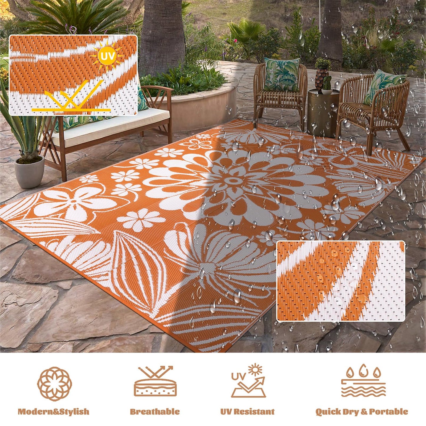 Ileading Outdoor Patio Rug, Orange Floral Reversible Outdoor Rug, Waterproof Plastic Straw Mat, Portable Outside Deck Area Rug, Camping RV Carpet for Porch Balcony (6×9 ft)