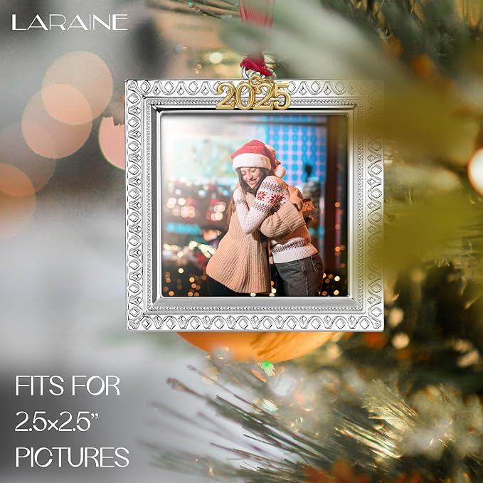 Laraine Christmas Tree Ornaments – Decorative Hanging 2025 Holiday Keepsake Gift Pendant with 2.5” Photo Frame Insert for Picture of Pet (Square Silver (2025))