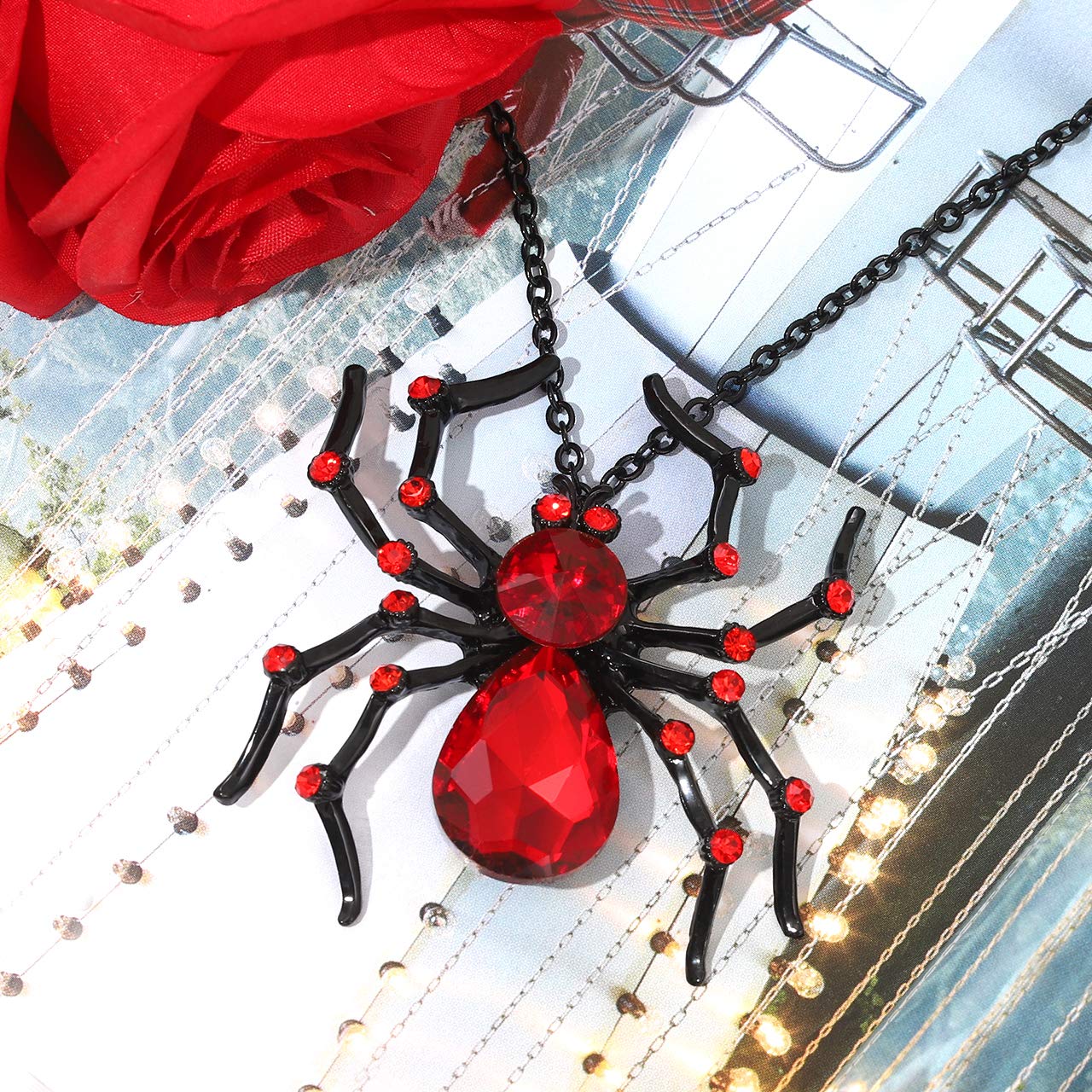Halloween Spider Necklace Big Black Red Crystal Spider Pendant Halloween Party Costume Accessories Necklace Statement Long Necklaces (Red)