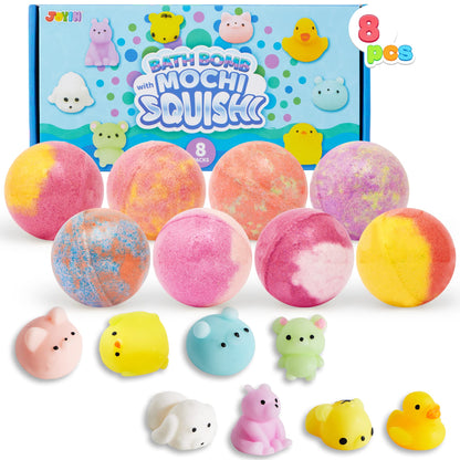 JOYIN 8 Pack Big Bath Bombs for Kids with Mochi Toy, Surprise Toy Inside, Natural Essential Oil SPA Bath Fizzies Set, Kids Safe Party Favors for Boys and Girls