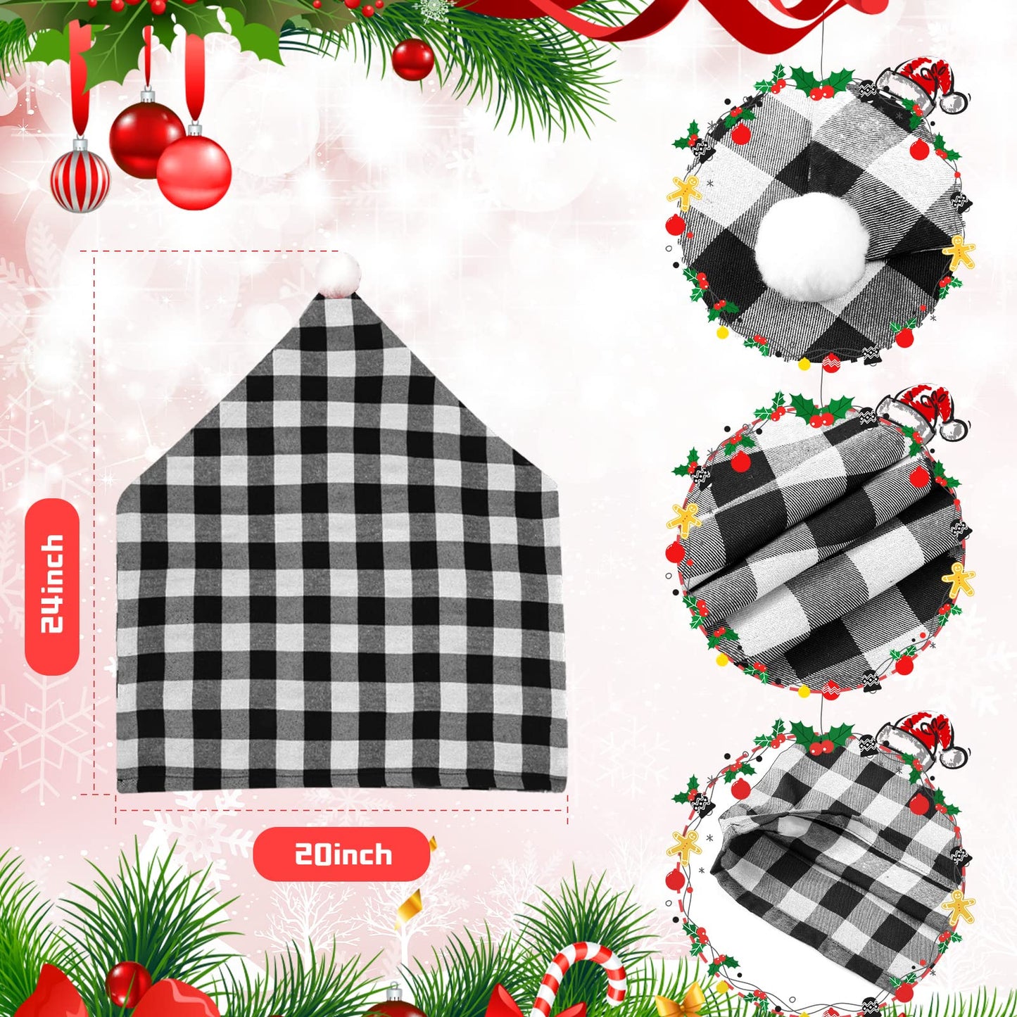 Queekay 6 Pieces Christmas Chair Back Covers Santa Hat Buffalo Plaid Christmas Dining Chair Protector Elastic Gingham Cover for Dining Kitchen(Black White)