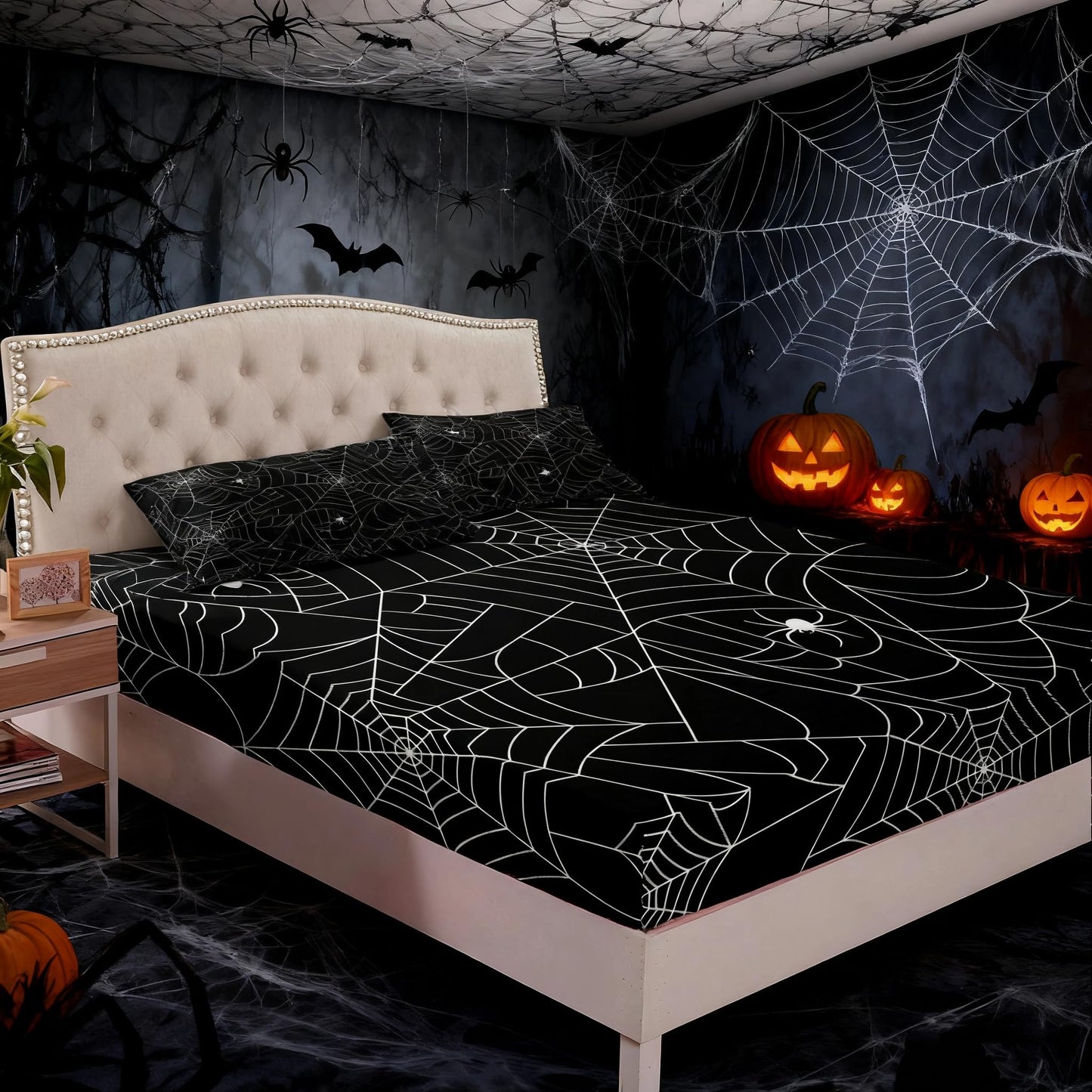 Feelyou Boys Spider Web Printed Bedding Set for Kids Children Halloween Themed Bed Sheet Set Decorative Scary Spider Pattern Fitted Sheet Black White Animal Theme Bed Cover Twin Size 2Pcs