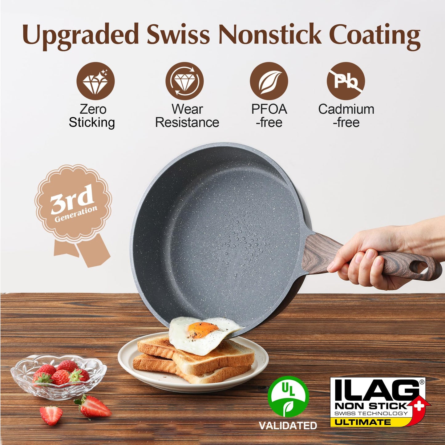 SENSARTE Nonstick Skillet, Deep Frying Pan 10/11/12-inch, Saute Pan with Lid, Stay-cool Handle, Healthy Stone Cookware Cooking Pan, Induction Compatible (10-Inch/3.5QT)
