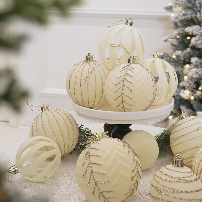 3.15INCH Beige Velvet Ornaments for Christmas Tree, 12PCS Glitter Flocked Christmas Ornaments Decorations Balls Set Decor