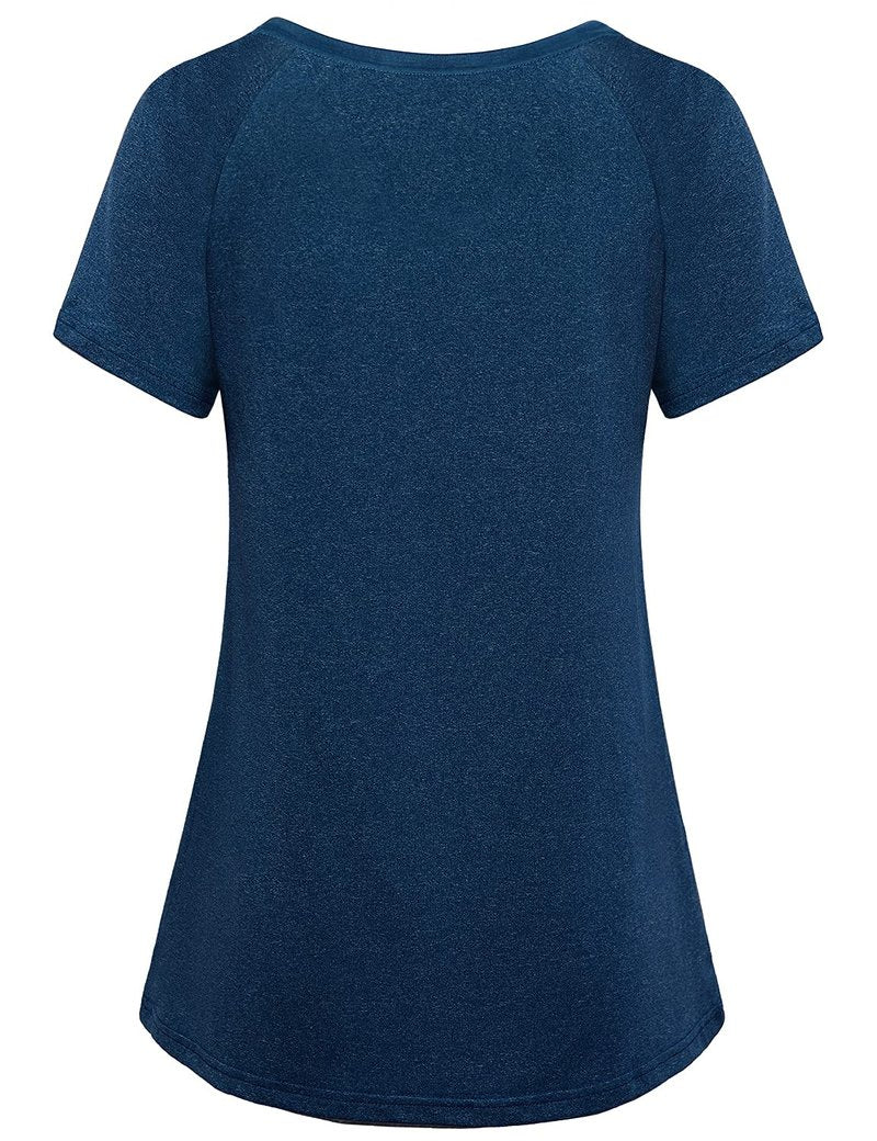 Vldnery Sweat Wicking Workout Tops for Women Short Sleeve Yoga Activewear Running Shirts Gym Athletic T-Shirts Crewneck Sports Clothes, Dark Blue Large