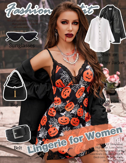 ADOME Sexy Lingerie for Women Satin Nightgown Lace Halloween Costumes (Medium, Floral Pumpkin)