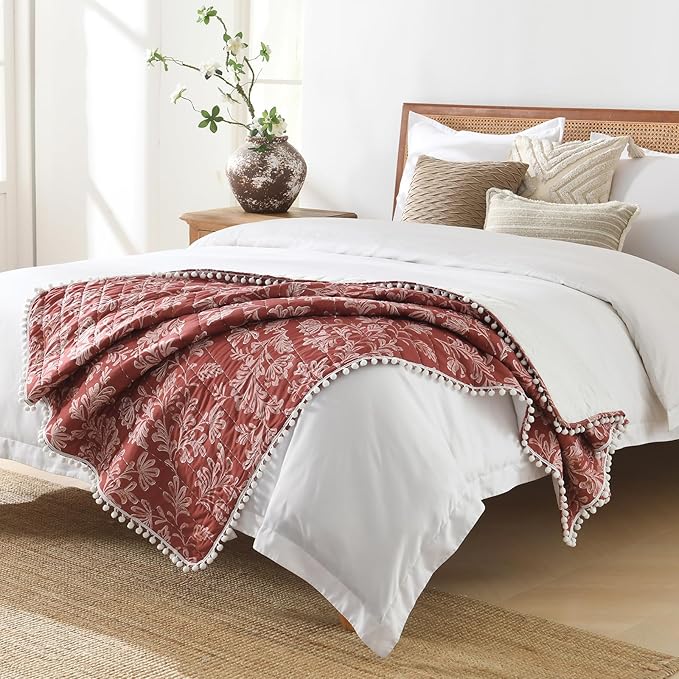 Ultra Soft Pre-Washed Quilted Throw Blanket, Floral Printed Pompom Fringed Dark Terracotta Decorative Throws, Chic Rustic Blanket for Sofa Couch Bed Chair, 50"x 60"