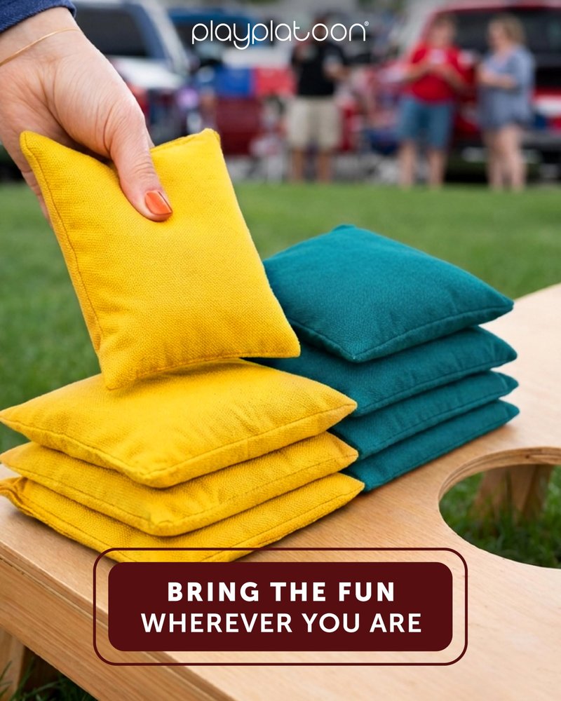Play Platoon Weather Resistant Cornhole Bags - Set of 8 Regulation Corn Hole Bean Bags - Yellow & Teal - Durable Duck Cloth Corn Hole Bag for Tossing Game, Includes Tote Bag