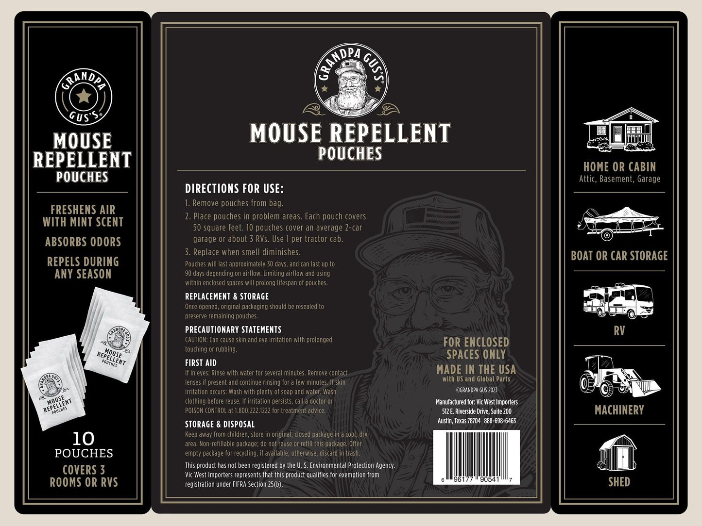 Grandpa Gus's Extra-Strength Mouse Repellent Pouches, Cinnamon/Peppermint Oils Repel Mice from Nesting & Freshen Air in Car/RV/Boat/Garage/Shed/Cabin, 1.75 oz (Pack of 10)