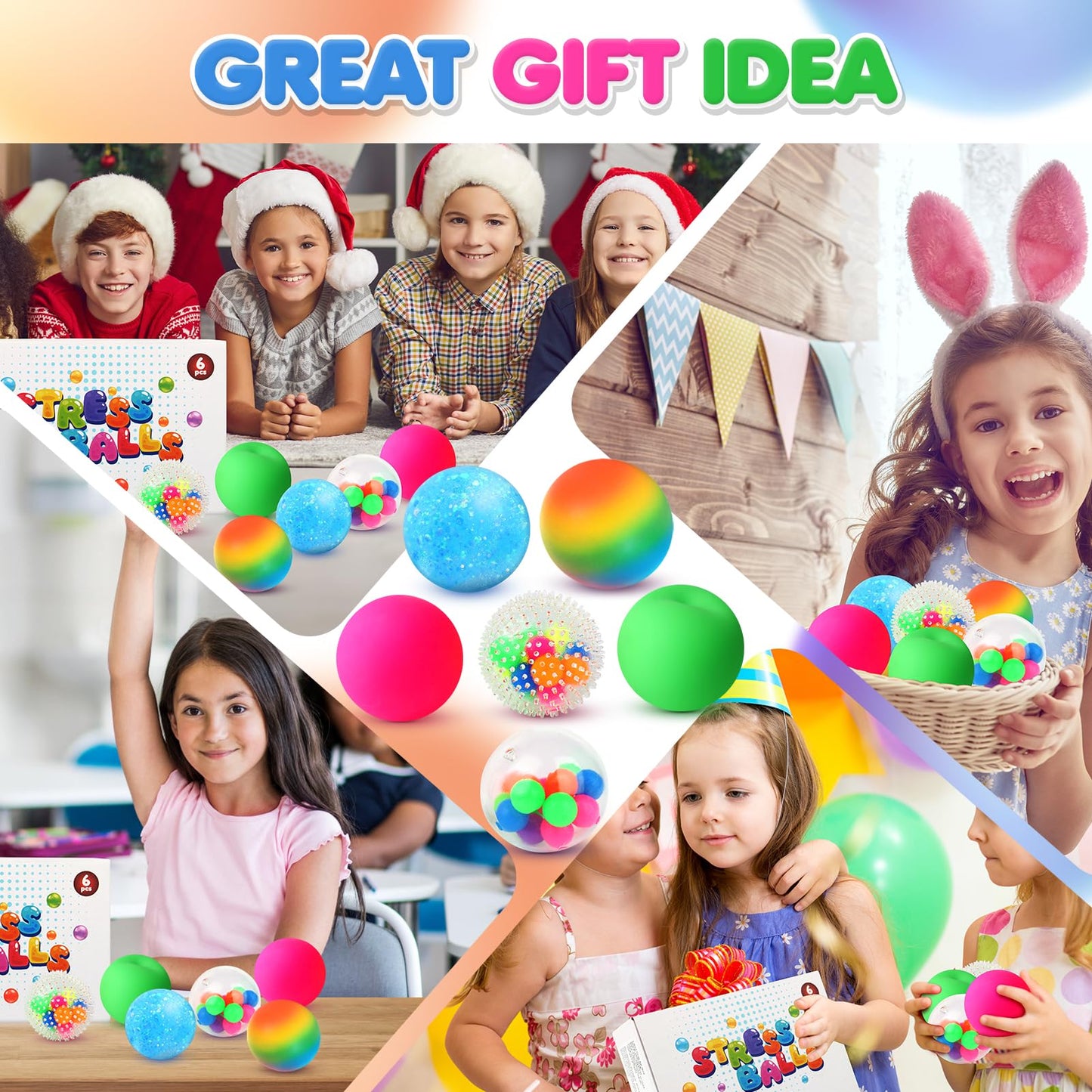 6 Set Squishy Sensory Stress Squeezing Balls forAdults: Best Calming Tool to Relieve Anxiety, Vent Mood and Improve Focus, Easter Basket Stuffers for Kids, Goodie Bag Stuffers