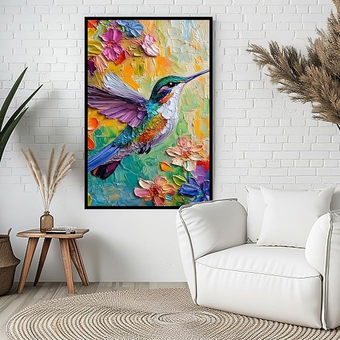 2D No Texture Colorful Painting Hummingbird Canvas Wall Art, Spring Flower Wall Decor, Cute Poster Hummingbird Picture for Wall Living Room Bathroom Bedroom Home Decoration 16*24 in (Poster No Frame)